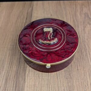 Vintage Red Enamel Trinket Box Gold Scrollwork Mirror Crystal Dress Motif 4.25"